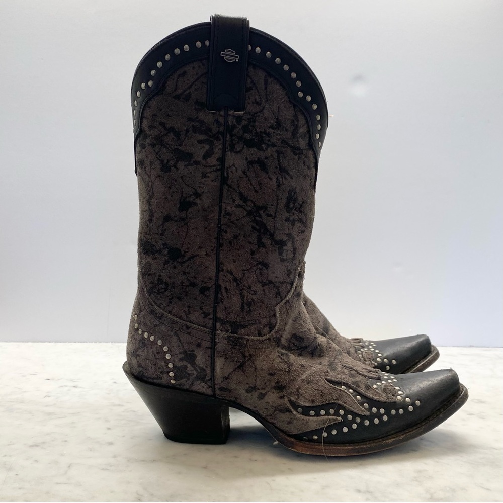 Harley-Davidson Gray Suede Black Leather Flame Studded Tall Cowboy Boots 9.5 - Picture 9 of 9